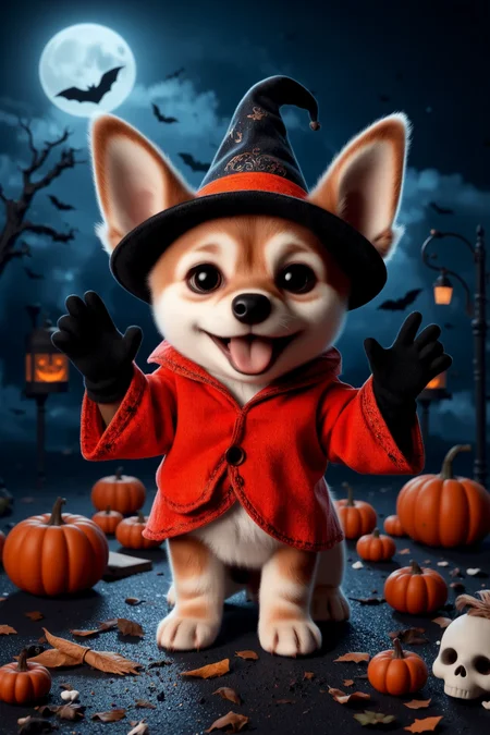 (pretty beautiful cute halloween puppy), color magician clothes, gloves, (Halloween pumpkins, jack-o-lantern) halloween night, horror, (bats), moon in the sky, portrait, (standing:1.2), happy smiling, red eyes,(very detailed), best quality, sharp focus, old magic books, halloween_atmosphere, halloween_backgrounds, halloween_creatures, halloween_props_decorations, halloween_styles, halloween_weather, halloween_lighting, ethereal lights, backlight, shadows, high contrast, hdr, <lora:Anti-Blur:0.8> <lora:Hand v2:0.8> Detailed hand, Hand, Perfect hand <lora:PinkieChibiHalloweenFLUX:0.8> pinkchibihalloween <lora:aidmaImageUpgrader:0.8> aidmaimageupgrader