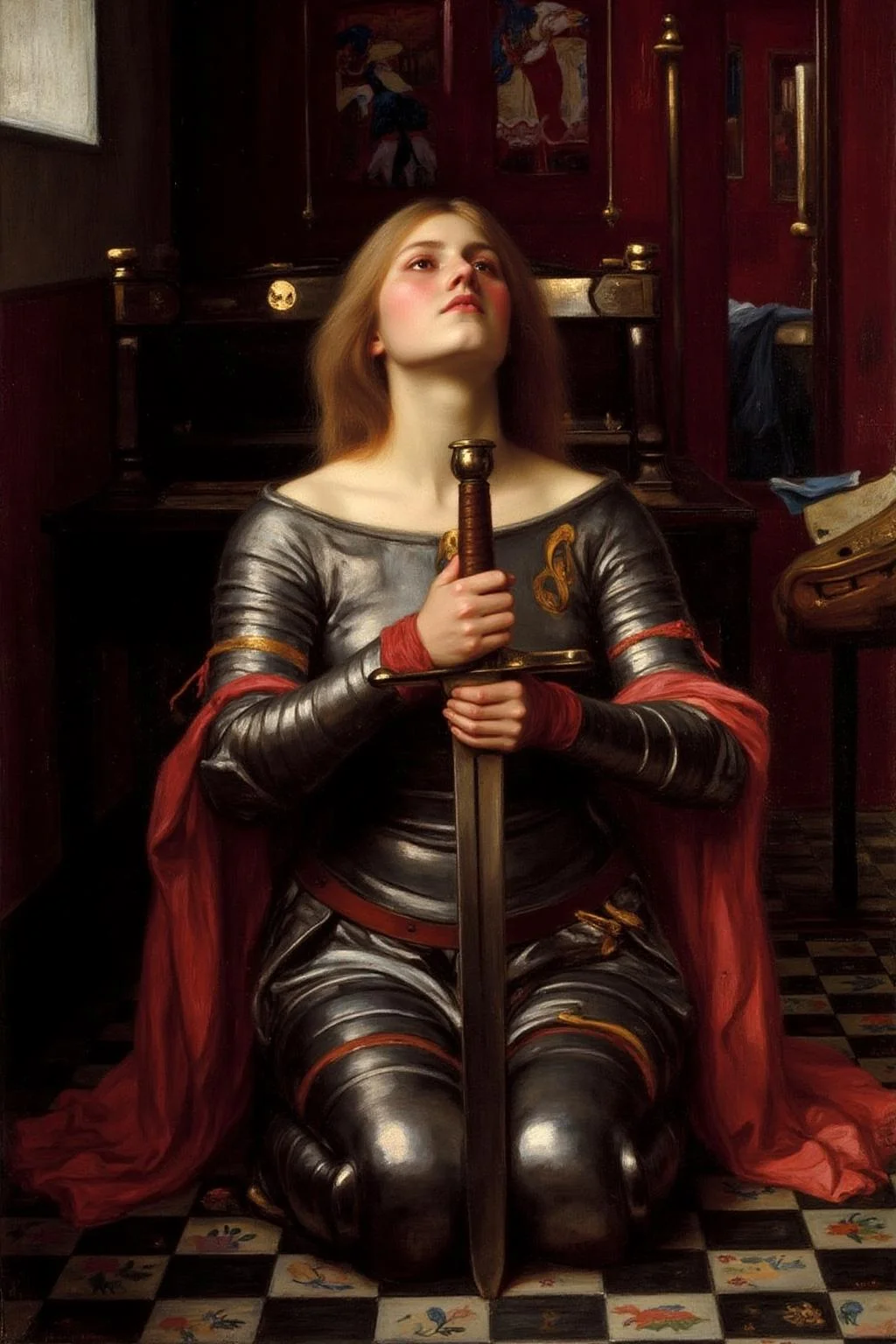 jwwaterhouse1 painting.
A young woman, facing directly at the viewer, is dressed in polished medieval armor, kneeling in a dimly lit, richly paneled room. she is holding a broadsword with both hands.
She gazes upward with a contemplative expression, her blonde, shoulder-length hair cascading down her back.
<lora:jwwaterhouse1_cap_d6a3e11:1.0><lora:829545780722524588:0>