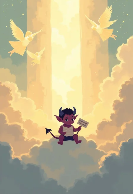 Imagine a celestial landscape filled with soft, golden light from the surrounding clouds. The clouds flow smoothly into each other, creating a sense of lightness and airiness. In the distance we can see the silhouettes of angels floating in the sky, their wings shimmering in the sunlight, creating an atmosphere of calm and harmony. In the center of the painting is a little devil sitting on a cloud. Its appearance contrasts with its surroundings: dark skin, small horns and a tail that hangs down lifelessly. The devil looks very sad, his eyes full of longing and despair. He looks down as if wishing he were somewhere else. In his hands he holds a sign that says “need buzz for hell”. The background of the painting is complemented by the soft, blurry silhouettes of other angels who observe the scene with sadness and compassion. In the distance, the gates of paradise can be seen shining with golden light, emphasizing the contrast between light and darkness, heaven and hell. <lora:minimalist_flat_illustration_nbm:1.0><lora:797682346066255041:0>