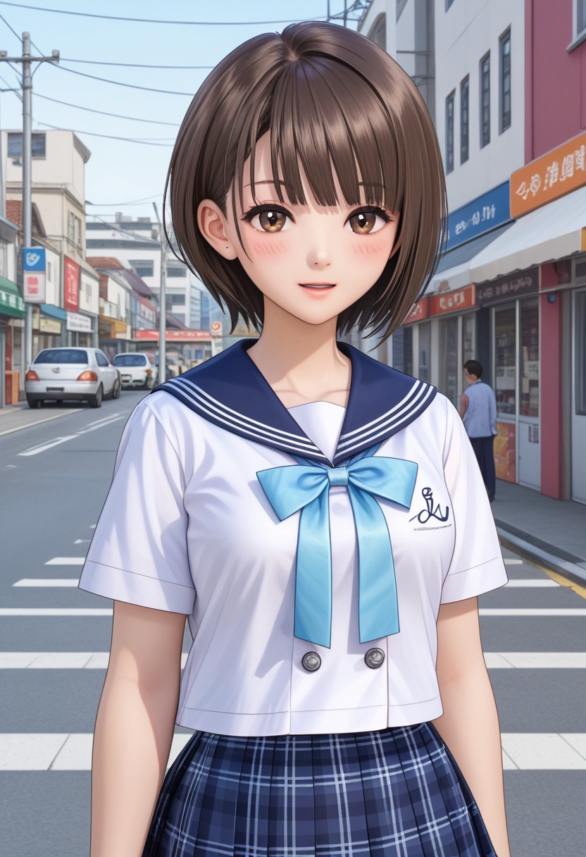 Shirai Hinako, 1girl, solo, looking at viewer, blush, short hair, bangs, skirt, pedestrian city, brown hair, shirt,  shop background, ribbon, brown eyes, closed mouth, school uniform, standing, white shirt, short sleeves, pleated skirt, serafuku, sailor collar, blue skirt, plaid, kneehighs, plaid skirt, blue sailor collar, long neck, <lora:Shirai_Hinako_Blue_Reflection_Pony:0.7> anime color, seductive smile, (kishida mel), open mouth, medium breast, <lora:HandFixer_pdxl_Incrs_v1:1> (slender body), medium skirt, (tall girl), thin face,