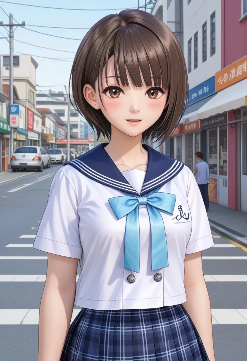Shirai Hinako, 1girl, solo, looking at viewer, blush, short hair, bangs, skirt, pedestrian city, brown hair, shirt, shop background, ribbon, brown eyes, closed mouth, school uniform, standing, white shirt, short sleeves, pleated skirt, serafuku, sailor collar, blue skirt, plaid, kneehighs, plaid skirt, blue sailor collar, long neck, <lora:Shirai_Hinako_Blue_Reflection_Pony:0.7> anime color, seductive smile, (kishida mel), open mouth, medium breast, <lora:HandFixer_pdxl_Incrs_v1:1> (slender body), medium skirt, (tall girl), thin face,