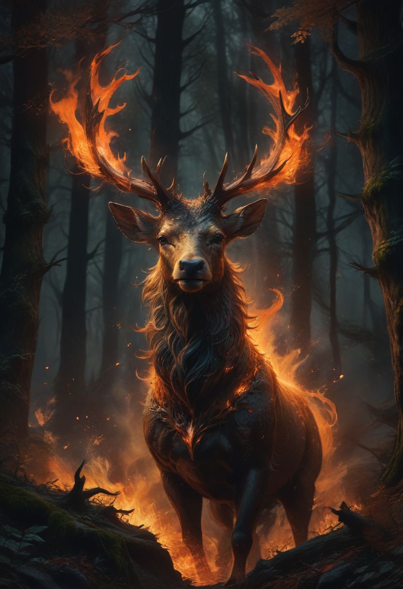 A majestic stag, its antlers adorned with flickering flames, gallops through a fiery forest, its eyes burning with an otherworldly light.