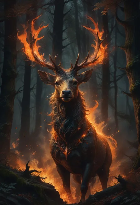 A majestic stag, its antlers adorned with flickering flames, gallops through a fiery forest, its eyes burning with an otherworldly light.