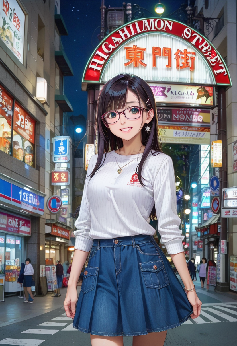 score_9, score_8_up, score_7_up, rating_safe, masterpiece, best quality, absurdres, unity 8k wallpaper, official art, official style, source_anime, uncensored, game cg, megami magazine,
1girl, solo, glasses, black hair, long hair, white ribbed sweater, skirt, happy, smile,
higashimon, scenery, night, road, city, street, car, sign, neon lights, real world location, outdoors, building, lamppost, shop, cityscape, sky, crosswalk, night sky
 <lora:sannomiya_higashimon_pony_V1:1>
