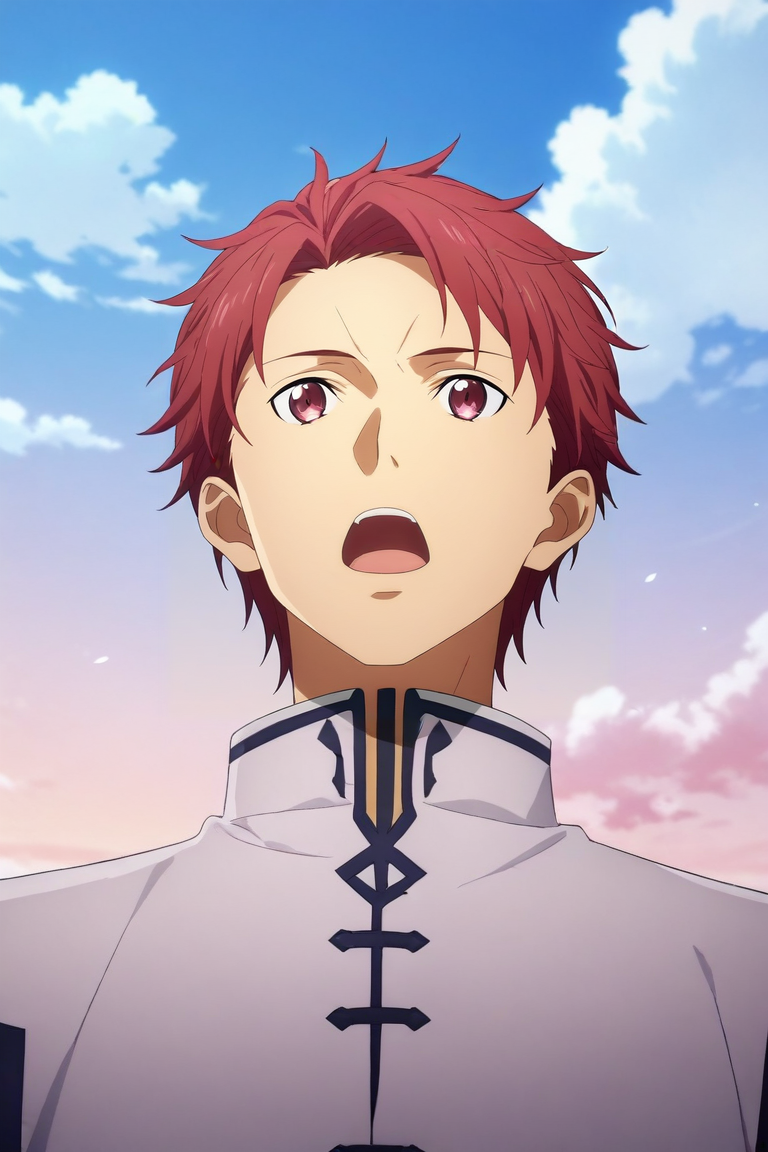 score_9, score_8_up, score_7_up, source_anime, rating_safe, , anime screencap, anime coloring, official style, , , 1boy, male focus, pink eyes, red hair,, solo, from below, hill, day, clouds, floating, open mouth, <lora:sao_alicization_style_pony:0.86>, sao_alicization_style, <lora:sdxl_lightning_8step_lora:1>