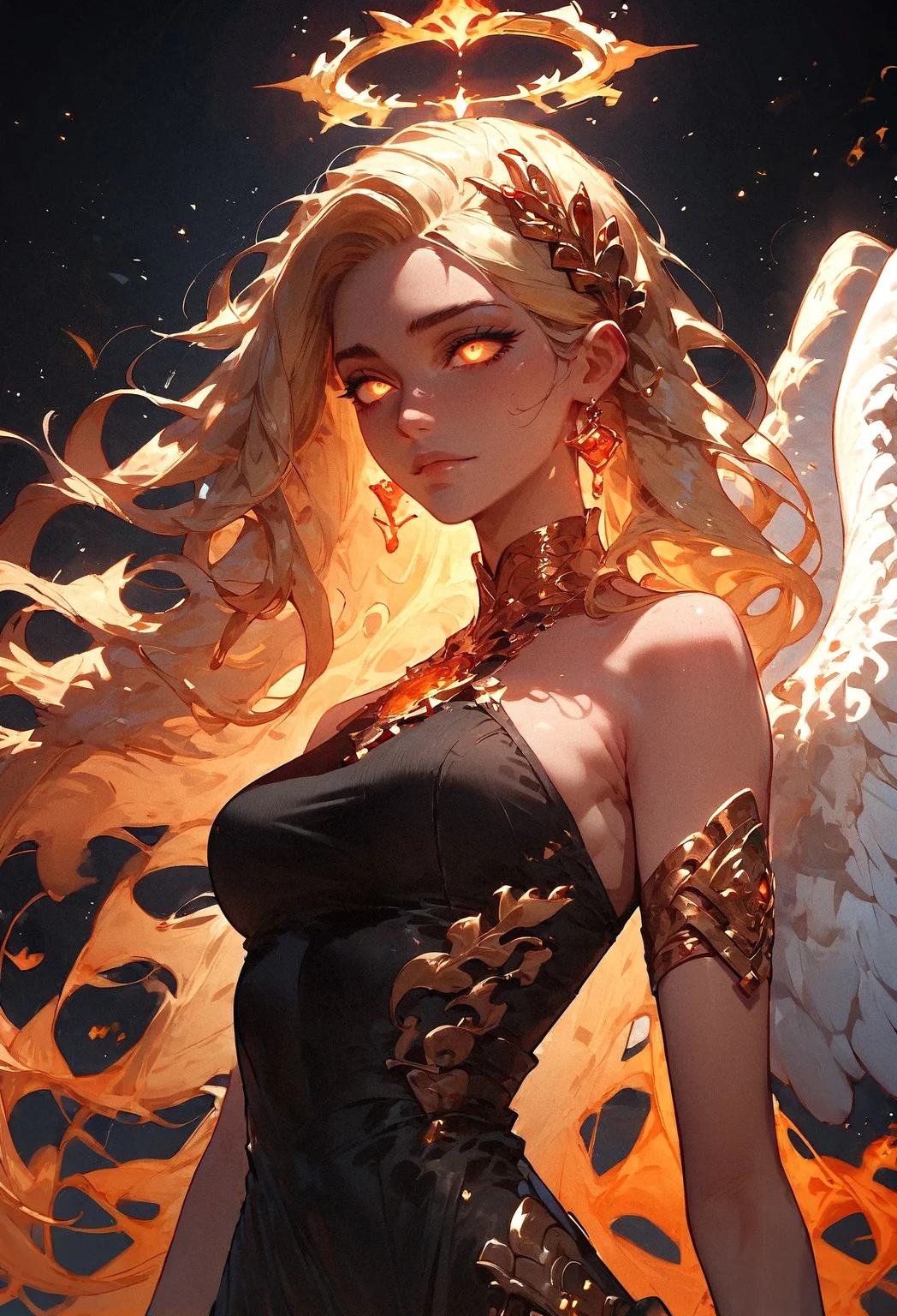 score_9, score_8_up, score_7_up, 1girl, fiery aura, blonde hair, black dress, gold jewelry, golden tiara, black and gold theme, angel wings, glowing eyes, black background <lora:sdxl\Expressive_H-000001:0.8>, expressiveH <lora:sdxl\sinfully_stylish_SDXL> <lora:sdxl\Fiery_Aura_for_Pony:0.9> <lora:sdxl\Concept Art Twilight Style SDXL_LoRA_Pony Diffusion V6 XL:0.8>, concept art