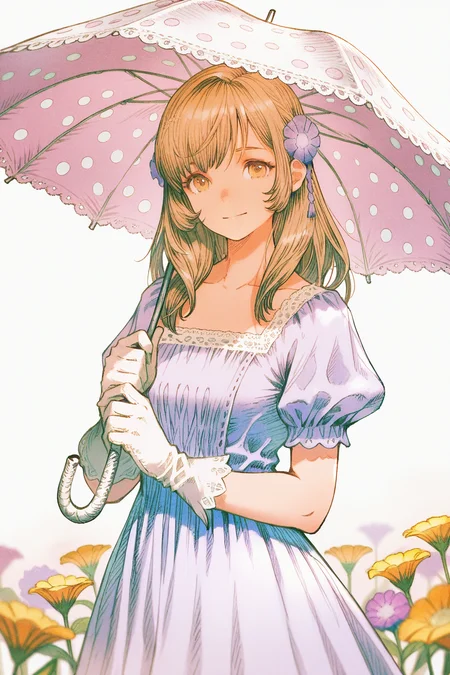 FretorF,This is a digital anime-style illustration of a young woman with light brown hair,holding a polka-dotted umbrella. She wears a lavender dress with white lace trim,white gloves,and a flower in her hair. The background is a soft gradient.,