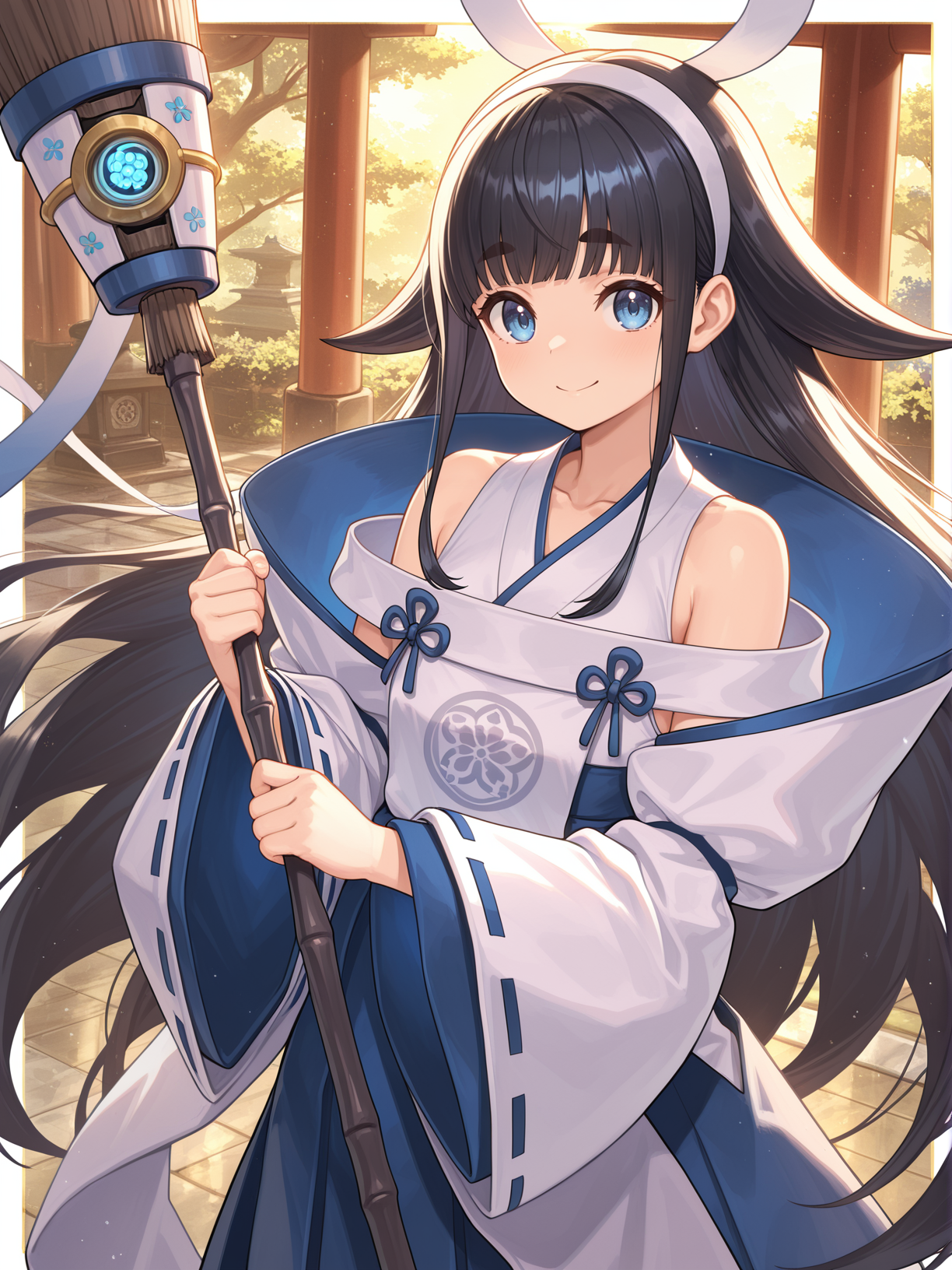shinonome the vaylantz priestess, 1girl, solo, smile, looking at viewer, thick eyebrows, collarbone, multicolored background, bare shoulders, closed mouth, white broom, holding white broom, two-handed, sidelocks, white hairband, white ribbon-trimmed sleeves, white sleeveless kimono, blue hakama skirt, white border, white breast curtain,
masterpiece,best quality,amazing quality,very aesthetic,absurdres,newest,scenery,extreme detail,8k,light particles,soft lighting,volumetric lighting,intricate details,finely detailed,detailed eyes,<lora:Shinonome the Vaylantz Priestess illusXL v1.1:0.75>,