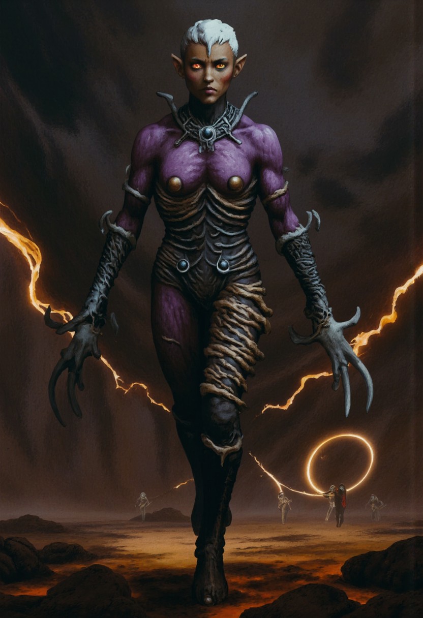 b3rs3rk macro lens d4concept pov, 3D01S, simple background d4artstyle atmospheric and powerful MikeFranchinastyle dark fantasy, natural organic and first person pov of a berserk style creature in the Tsutomu Nihei style 
Dark elf warrior, ebony skin with a slight metallic sheen, contrasting shock-white hair ranging from short and tousled to long and flowing. Sharp, angular facial features with high cheekbones and pointed ears. Piercing eyes that glow with inner light, colors varying from amber to pale lavender. Athletic, lithe body clad in intricate, form-fitting armor made of overlapping weaved plates and scales in deep dark purples, blacks, and gunmetal grays. Armor design includes ornamental  bladed edges, suggesting both protection and offensive capabilities. Wielding an assortment of weapons including curved swords, throwing stars, and magical whips made of crackling energy. Poses range from dramatic action stances to regal portraits, conveying both lethal grace and commanding presence. Background alternates between shadowy caverns, fiery underworld landscapes, and medieval fantasy cityscapes bathed in golden light. Art style spans from highly detailed digital paintings to stylized fantasy illustrations, with emphasis on dramatic lighting and shadow play to accentuate the character's mysterious and dangerous aura
UHD letterboxed game trailer frame chromatic aberration dark atmosphere sharp masterpiece with a focus on the character, elden ring style, dark atmosphere