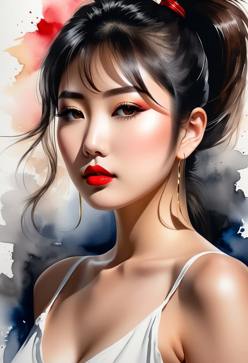Magnificent abstract watercolor image in the style of a cinematic movie poster; ultra-crisp lines and high photorealism; low-angle, off-center view from below and the side, capturing a stunning 18 year old Japanese woman with large breasts and with a high ponytail, sultry red lips, smoky dark eyeshadow, and flawless porcelain skin; wearing a thin, loose camisole and a frayed denim shorts; adorned with layered heavy necklaces and long dangling earrings; dramatic, directional lighting casting expressive shadows; abstract, flowing background with vibrant watercolor textures; sensual and seductive atmosphere with a tasteful erotic allure; artistic, moody, and visually striking composition