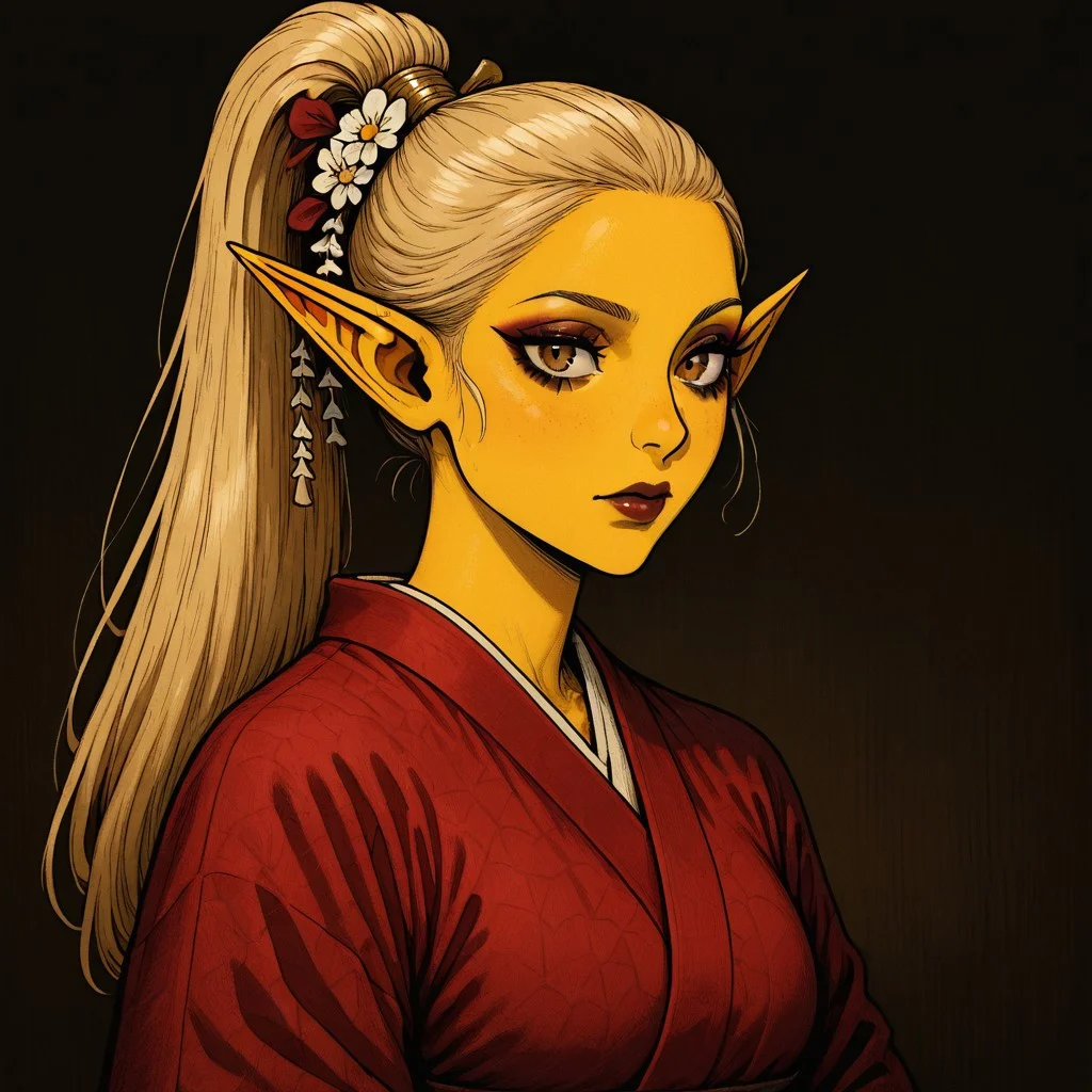 masterpiece, best quality, newest, absurdres, highres, HORCOMV1.0,
1girl, asian, asian female, elf, elf girl, pointy ears, long hair, yellow skin, blonde hair, golden colored skin, ponytail long ponytail, high taied ponytail, makeup, mascara, brown eyes, golden eyes,
kimono, red kimono, japanese clothes, hair ornament,
