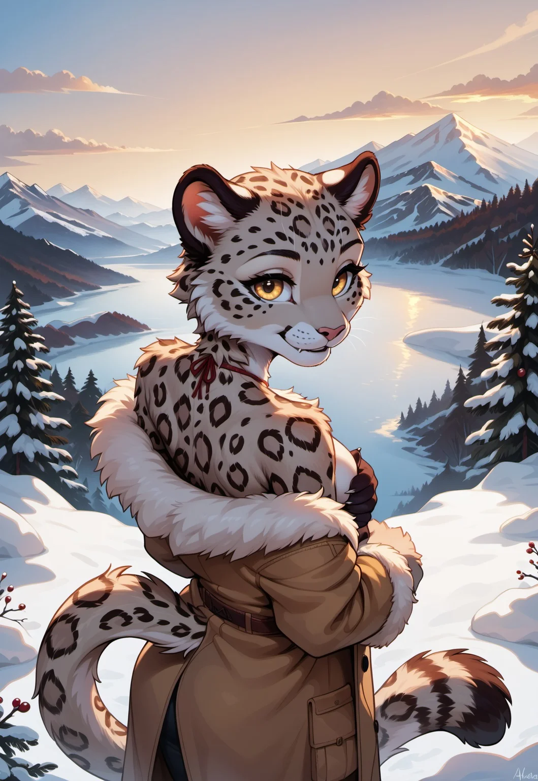 safe_pos, score_9, score_8_up, score_7_up, rating_safe, source_furry, highres, high quality, perfection, masterpiece, detailed, aesthetic,
winter, snow, mountain, mountainous horizon,
1girl, solo, from behind, from above, face focus,
furry female, (anthro snow_leopard girl: 1.2), snow_leopard fur pattern, beautiful girl, cute girl, young adult, youthful, (bald girl, bald head, hairless, no hair), detailed face, beautiful face, eyelashes, perfect eyes, detailed eyes, yellow eyes, medium breasts, long tail,
naked coat, fur coat, open coat, short coat, off-shoulder,
standing, posing, modeling, looking back at viewer, smile, covering, breasts,