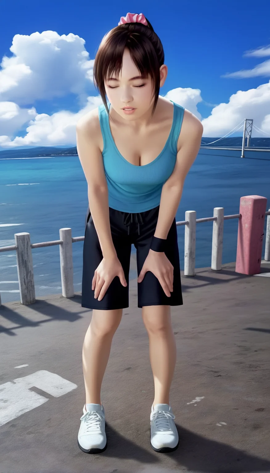 score_9,score_8_up,score_7_up,<lora:MiiyamotoHikari>,
miiyamotohikari,
highres,bloom,Volumetric Lighting,photorealism,
1girl,solo,black hair,bangs,pink scrunchie,black wristband,black shorts,closed eyes,parted lips,cyan tank top,cleavage,facing viewer,leaning forward,hands on own knees,white sports shoes, blurry background,outdoors,blue sky,ocean,cloud,sea fence,distant mountains,clear blue sky,soft clouds drifting,summer,