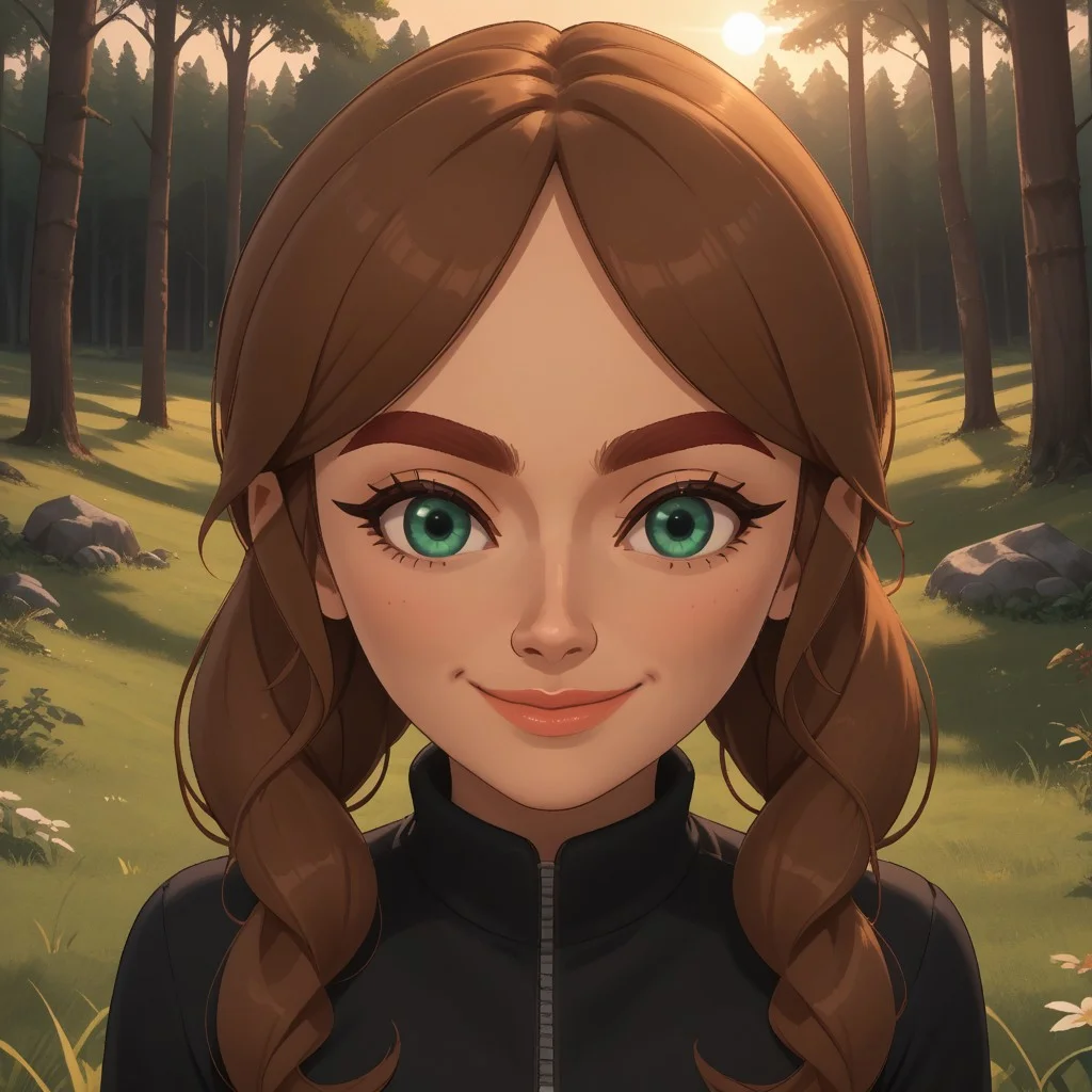 score_9, score_8, BREAK, solo, wii, mii, wii sports, 1girl, female mii, cute, brown hair, dark red eyebrows, green eyes, lips, black clothing, black pants, shoes, breasts, nintendo mii, modern_mii, classic_mii, Charbara_(OC_Mii), sexy pose, self portrait, smile, looking at viewer, outdoors, sunlight, shadows, evening lighting, natural lighting, forest, trees, grass, orange sky, sunset