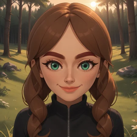 score_9, score_8, BREAK, solo, wii, mii, wii sports, 1girl, female mii, cute, brown hair, dark red eyebrows, green eyes, lips, black clothing, black pants, shoes, breasts, nintendo mii, modern_mii, classic_mii, Charbara_(OC_Mii), sexy pose, self portrait, smile, looking at viewer, outdoors, sunlight, shadows, evening lighting, natural lighting, forest, trees, grass, orange sky, sunset
