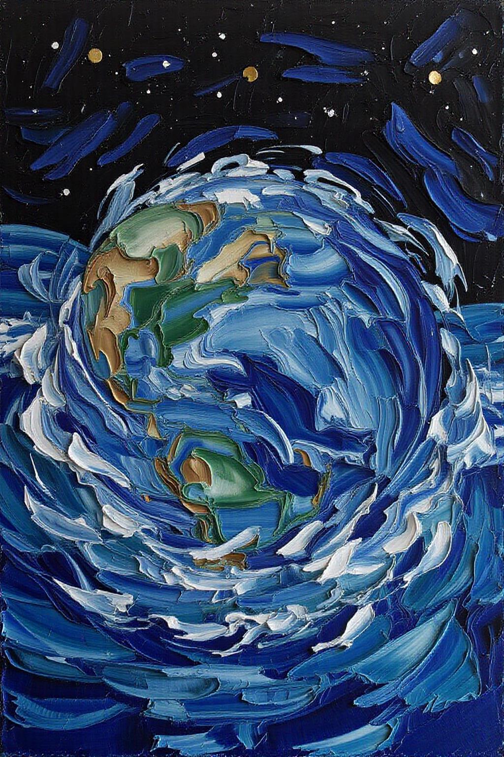 impasto oil painting. 
View of planet Earth. The vibrant blues of the oceans swirl with dynamic brushstrokes, contrasted by the soft greens and earthy browns of the continents. Delicate white clouds, painted in wispy, flowing strokes, wrap around the globe, creating a sense of movement and life. The curvature of the planet is highlighted with subtle gradients of light and shadow, giving it depth and dimension. The backdrop is a vast expanse of deep black, dotted with tiny stars that sparkle like gems, painted with delicate dabs of white and gold. The oil paint texture enhances the richness of the colors and the softness of the clouds, creating a harmonious blend of detail and artistry. The overall composition captures Earth's beauty and fragility, evoking awe and wonder. <lora:impasto_nocap_d6a3:1.0> <lora:Flux-Sch-SingleBlocks-BF16:1.0><lora:802453655300331376:0>