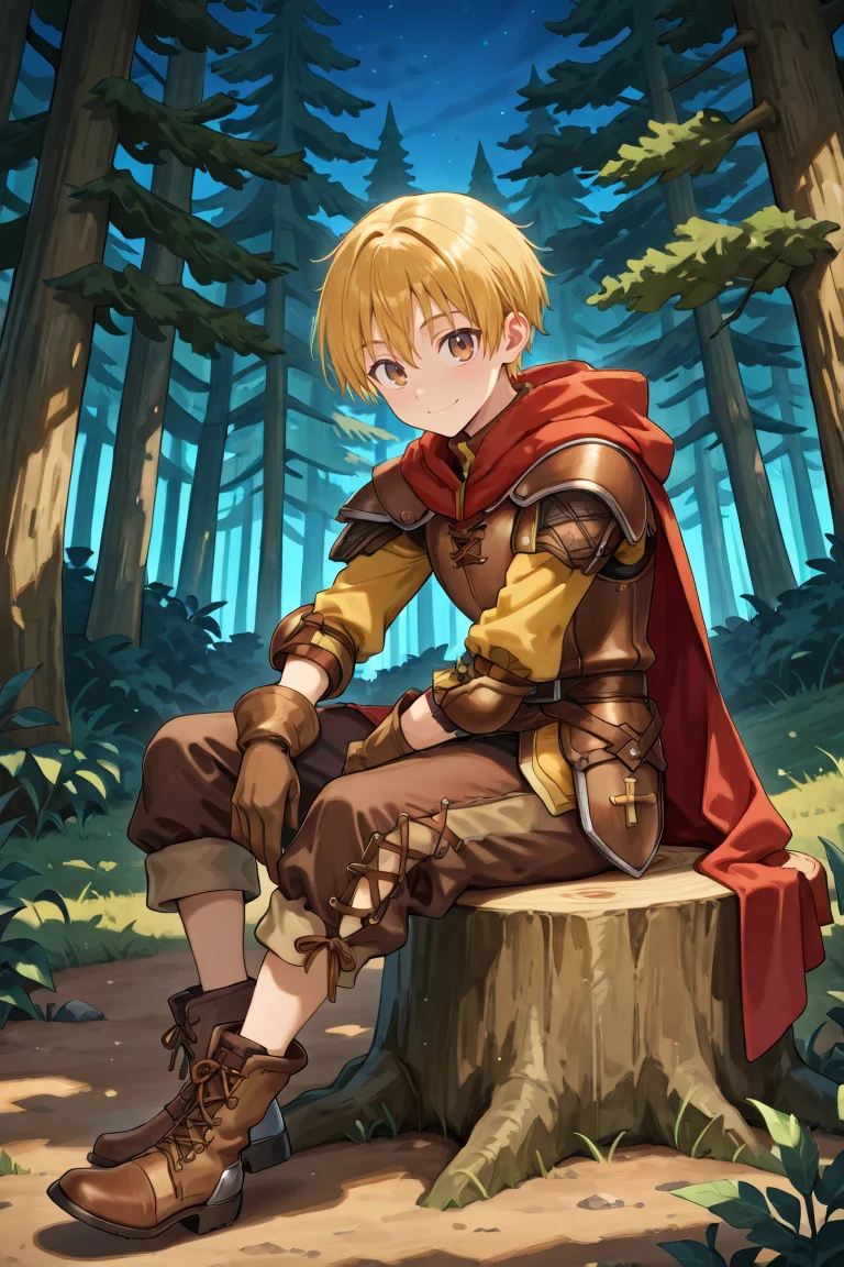 <lora:Canaan:0.8> , CaDef, solo, 1boy, brown eyes, short hair, blonde hair, red hood, hood down, shoulder pads, elbow pads, armor, brown pants, capri pants, brown armor, cross-laced clothes, yellow sleeves, brown gloves, gloves, armored boots, brown boots, boots, full body, sitting, on stump, smile, closed mouth, exterior, night, forest, looking at viewer, solo, masterpiece, very aesthetic, absurdres, best quality, amazing quality, high resolution, detailed background, <lora:illustrious_quality_modifiers_masterpieces_v1:0.8> , <lora:ChamIllustriousBackgroundEnhancer:0.5>