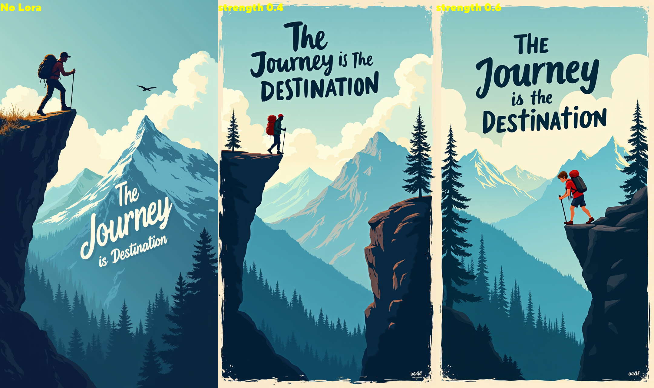 An adventure travel poster showing a hiker at the edge of a cliff, with the words âThe Journey is the Destinationâ written in the mountain range behind.  ,aidmatextimprover