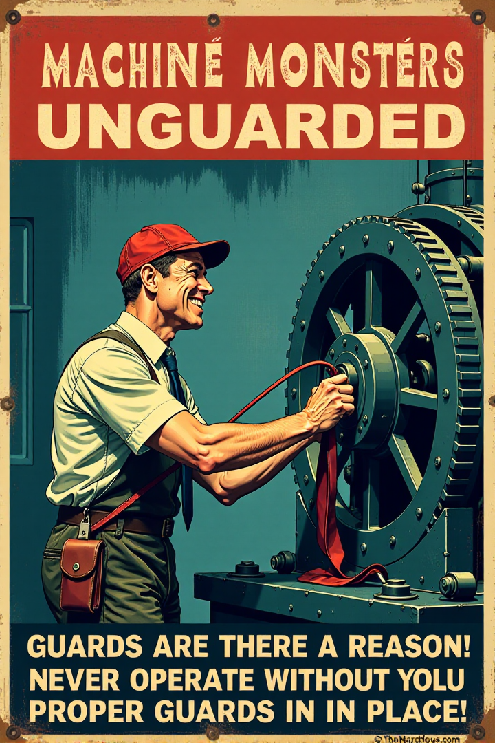 "Vintage safety sign illustration of a worker operating a large, dangerous-looking machine with all the machine guards completely removed or bypassed.  He is happily feeding his tie into moving gears and ignoring exposed blades and belts spinning dangerously close to his hands.  He has a blissful, carefree expression, completely unaware of the imminent danger of entanglement.  The sign text in bold, vintage lettering cries out: 'MACHINE MONSTERS UNGUARDED!  GUARDS ARE THERE FOR A REASON!  NEVER OPERATE WITHOUT PROPER GUARDS IN PLACE!' Render in a stark, slightly unsettling vintage cartoon style, contrasting the worker's oblivious happiness with the clearly dangerous unguarded machinery. Use a color palette that emphasizes the cold, metallic nature of the machinery (greys, blues) and warning reds for danger zones around the unguarded moving parts. Visually stunning vintage cartoon, direct machine guarding safety message, high detail in machine components and the worker's dangerous disregard for safety." <lora:REMEs_War_Poster_Style:0.9> In REME's War Poster Style,âââ