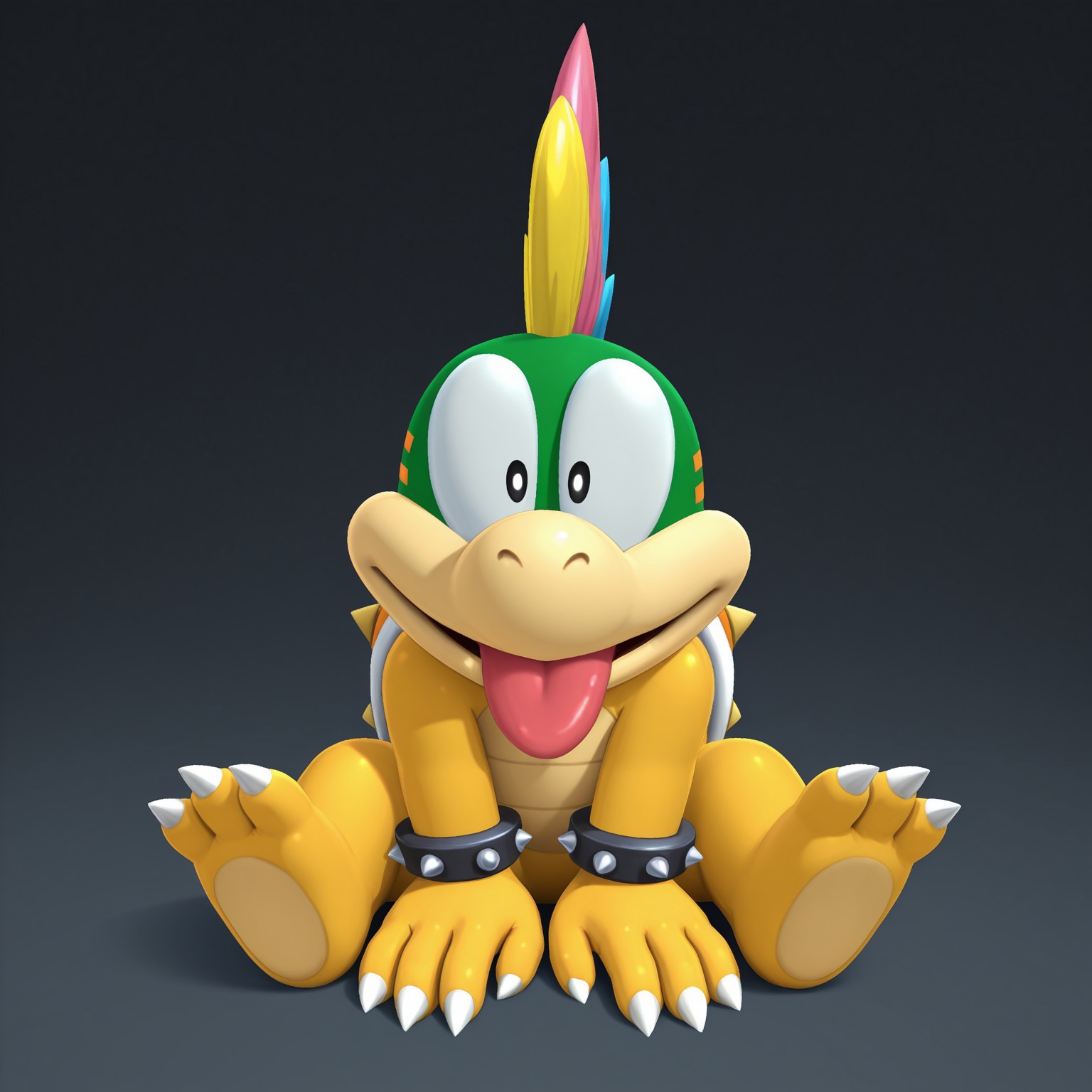 Lemmy, solo, 1boy, male, mohawk, blue hair, yellow hair, pink hair, multicolored hair, yellow ponytail, black pupils, shelled, orange spiked shell, tail, spiked bracelets, scalie, yellow skin, green head, claws, toe claws, 3 toes,

BREAK sitting, facing viewer, smile, tongue out