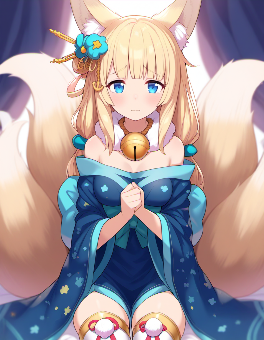 <lora:AzlaNiizuki_SDXL_Illustrious01_fp16_ver01:1>,AzlaNiizuki, 1girl, animal ears,bangs, blonde hair,  multiple tails, hair ornament, bell, blue eyes, kimono, fur collar,bare shoulders,thighhighs,sad,closed mouth, looking at viewer,, masterpiece, best quality, very aesthetic, absurdres,<lora:detailed_hands:1>,hand