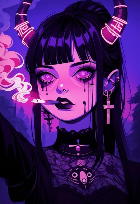 score_9, score_8_up, score_7_up, score_6_up,1girl
hinata hyuga, black hair, long hair, fringe cut, ponytail hairstyle, purple eyes, soni horn, link horns,
pastel paint, vamp style, taking a selfie, detailed, near to the sea, up a bridge, goth clothes, goth dress, cross earrings, fangs, jewel eyes,cold tones,
goth core, vamp goth, goth style, black dress, lollita dress, smoking a cigarette, cigarette in mouth, melting, vapor, smoke, glitch, horror (theme), glowing, zPDXL2, smoke from eyes, red smoke, horror in the smoke, evil faces, horror,
standing, detailed eyes, beautyfull face,
outdoor,
