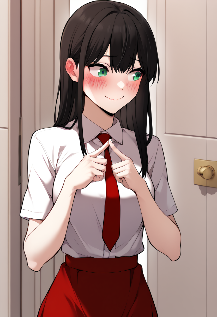 <lora:Yoo_Na_Ri:0.8>,Yoo_Na_Ri, solo,green  eyes, black hair, long hair,  sidelocks, bangs,medium breasts, petite body,loose hair white shirt, red necktie, red skirt,
BREAK
closed door,indoor
BREAK
standing,  smile, closed mouth, blush, embarassed face, looking away, cowboy shot,index fingers together
BREAK
best quality, masterpiece,score_9, score_8_up, score_7_up, perfect hand,source_anime, zPDXL ,webtoon, manhwa, <lora:pose_indexfingerstogether_ponyXL:1>