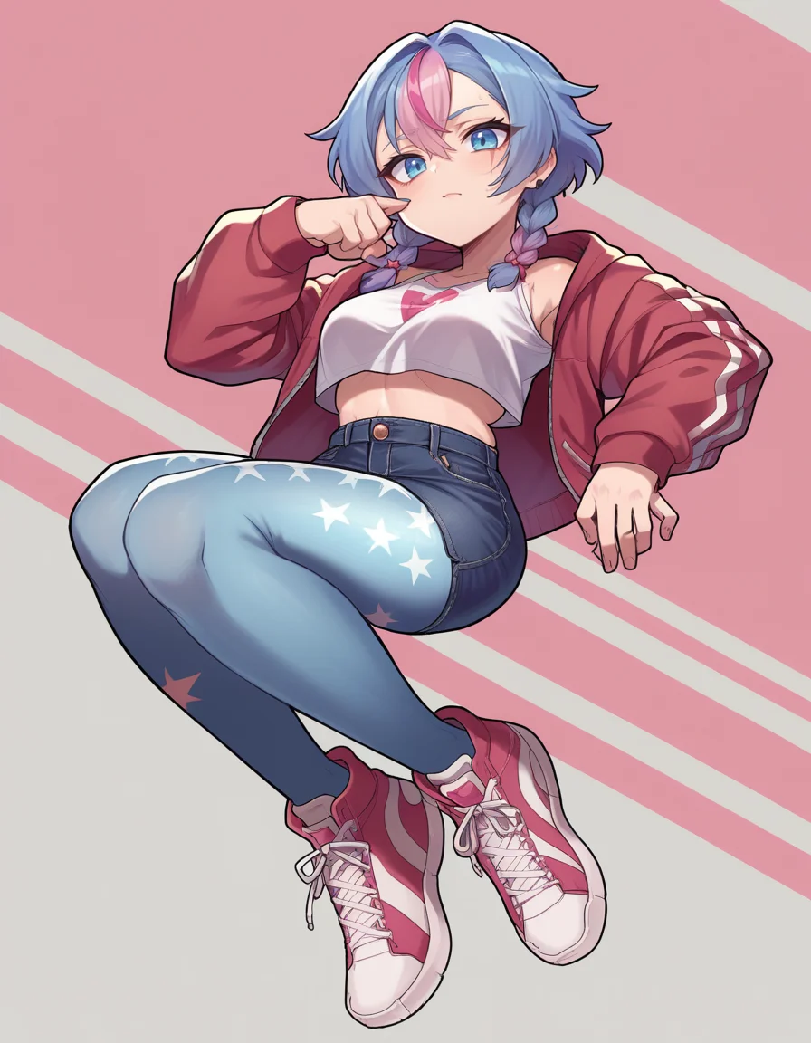 zPDXL, score_9, score_8_up, score_7_up, score_6_up, score_5_up, score_4_up, 1girl, solo,
<lora:bagelbomb:0.8> bglbmb, graphic tee, denim skirt, high-top sneakers, patterned pantyhose, blue downturned eyes scars coarse pink _streaked french braids