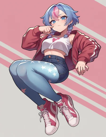 zPDXL, score_9, score_8_up, score_7_up, score_6_up, score_5_up, score_4_up, 1girl, solo,
<lora:bagelbomb:0.8> bglbmb, graphic tee, denim skirt, high-top sneakers, patterned pantyhose, blue downturned  eyes  scars coarse pink _streaked  french braids