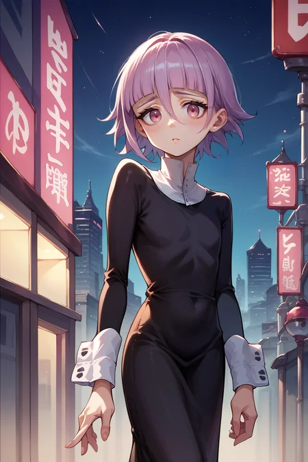 score_9, score_8_up, score_7_up, score_6_up, source_anime, 1girl, solo,  <lora:crona-pdxl-nvwls-v1-000005:1> crona, purple hair, short hair, pink eyes, white collar, black dress, long sleeves, long dress, wrist cuffs, night sky, looking at you, city