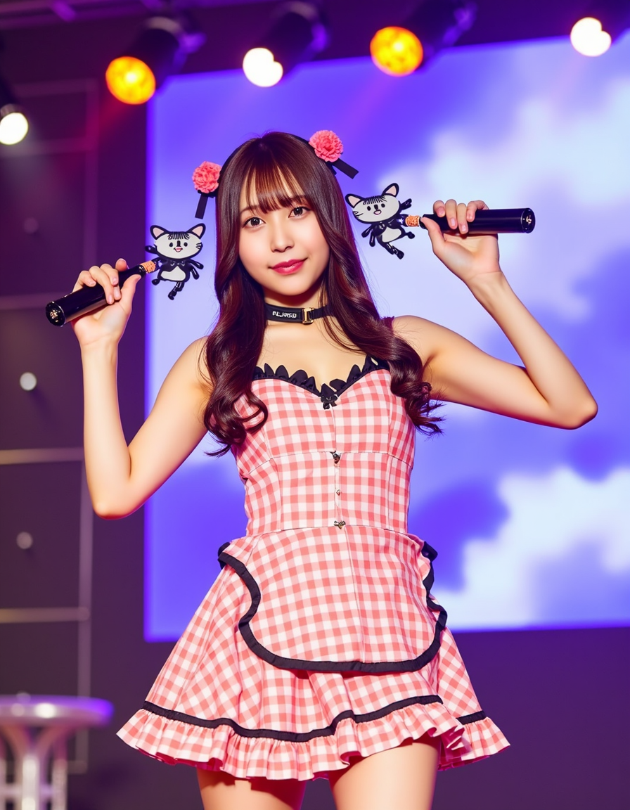 long shot scenic professional photograph of realistic,<lora:Flux_idol_cos:1>,idores,beautiful japanese idols dancing on stage,whole (body),full body,smile,idol costumes,18 year old girl,, perfect viewpoint, highly detailed, wide-angle lens, hyper realistic, with dramatic sky, polarizing filter, natural lighting, vivid colors, everything in sharp focus, HDR, UHD, 64K