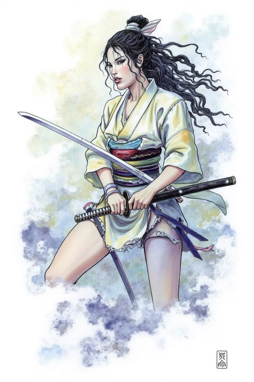 itacomic1 illustration of a female Japanese samurai warrior wielding a katana, blending form with reality. Glitching the surreal with blurred dreams on a white background. Woven light fuses delicatly with whispering shimmers creating a eyecatching and masterpiece artwork. drifting fog, cracked light and smokey haze in floating threads finishes the dreamlike reality. <lora:itacomic_mima_fl_d4a2e8:1.0><lora:800598882263359961:0>