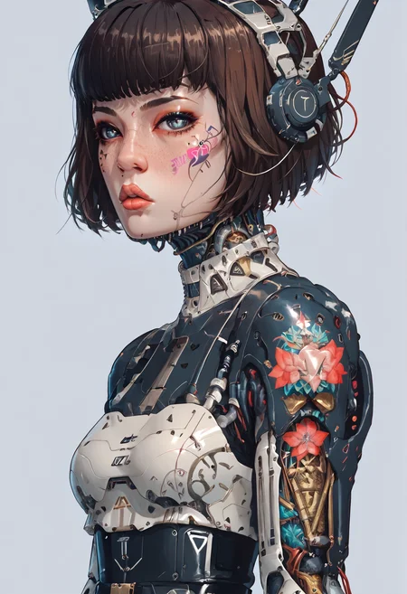 score_9,score_8_up,score_7_up,score_6_up,score_5_up,score_4_up,1 girl,solo,female focus,looking at the spectator,(Heart-shaped face, dark blue eyes, plump lips, short bob-cut dark brown hair, 5'6", 125 lbs, medium breasts, narrow waist, slender figure, a star tattoo on the ankle, pale skin, angular jawline, and slightly upturned nose.:1.3),(A gold lace bra paired with a black puffy mini skirt, and finished with bold gold high heels on a platform, featuring exquisite lace designs and a skirt made of rich velvet fabric, providing a luxurious and captivating look.:1.3),(plain contrasting background:1.3),(full-length:1.5),hands,Perfect hand,Perfect feet,Perfect eyes,cyb0rg,science fiction,cable,mechanical parts,<lora:feet v3:1>,<lora:hand 4:1>,<lora:PerfectEyesXL:1>,zPDXL2,zPDXLpg,<lora:cyb0rgXLP:0.8>,<lora:add-detail-xl:1>,<lora:DP-Pony:1>,p33rs,<lora:incase-ilff-v3-4:0.2>,