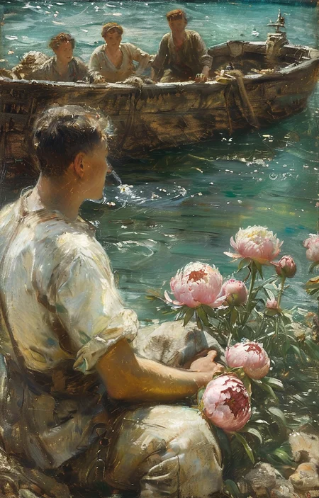 masterpiece,best quality,<lora:tbh239-sdxl:0.9>,illustration,style of Henry Scott Tuke decaying peonies