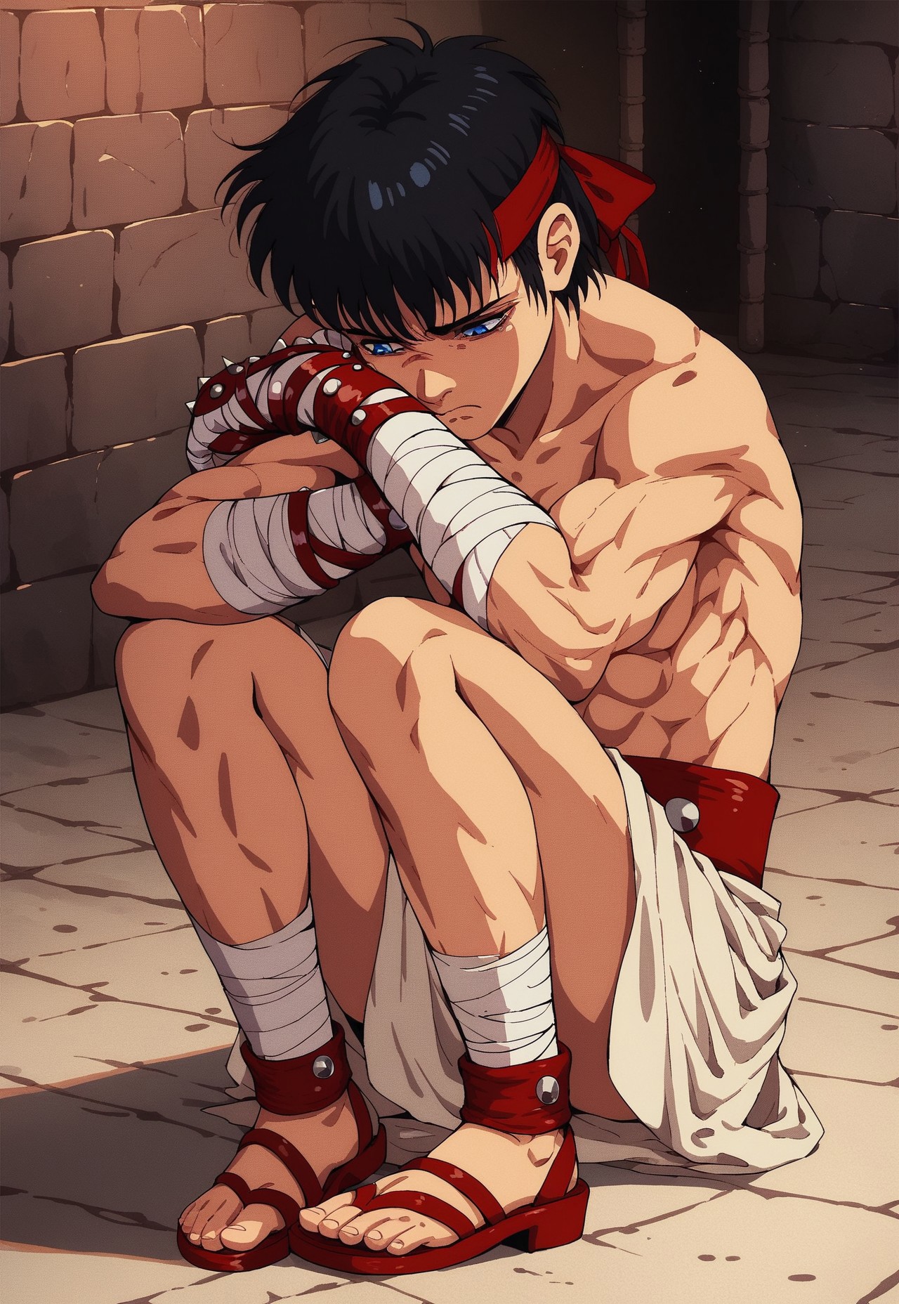 cestanim, cestvs, score_9, score_8_up, score_7_up, score_6_up, red headband, short black hair, bangs, blue eyes, cestus, bandaged hands, studded red gloves, red belt with three studs, plain white kilt, red sandals, toned body, bandaged ankles, knva, Vintage, 1990, scanlines, knva, halftone effect, retro artstyle, ((ancient dungeon background)), (((pensive))), (((sad face))), ((sad)), dark, 1boy, 1 boy, solo, male focus, (((full body view))), feet, 