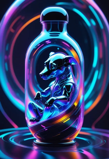 a dschinn trapped in a bottle made out of Jed-CyFut , full of details , positive emotional