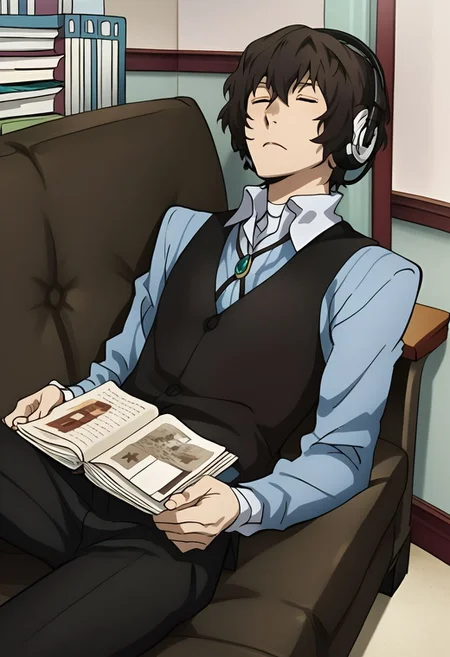 Score_9, Score_8_up, Score_7_up, masterpiece, best quality, many details, 1boy Dazai Osamu, solo, brown hair, shirt, black hair, 1boy, male focus, vest, book, headphones, reading,indoors, office, lying on a sofa, red sofa, with a book on his chest, eyes closed, good lighting, realistic shading, counter shading: 1.1, bright skin, 8k, perfect proportions, attractive,