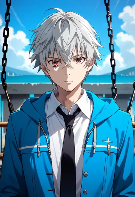score_9,score_8_up,score_7_up,source_anime, Aru Akise,solo,looking at viewer,shirt,long sleeves,1boy,closed mouth,jacket,white shirt,upper body,male focus,outdoors,necktie,sky,collared shirt,day,hood,blue sky,expressionless,chain,hood down,blue jacket,black necktie,swing,
