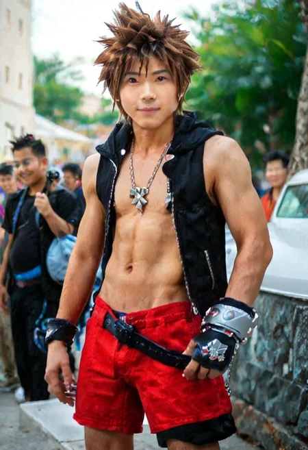 ((masterpiece)), ((best quality)), ((ultra-detailed)), ((absurdres)), score_9_up, score_8_up, score_7_up,
HD, top quality, best quality, amazing quality, High-quality illustrations, best aesthetic, perfect proportions, perfect eyes, 1boy, 1male, solo boy, solo male, male focus, solo male focus, real, photorealistic, extreme realistic, real human, human boy, human male, real boy, handsome, attractive, cute, charming, sexy, hot, ((japanese, japanese male, asian boy)), ((tall, tall body, tall height)), ((lean body, slim body)), ((posing for camera)), ((front view, front shot, facing front, looking at viewer)), ((public place, anime convention, cosplay convention, public event)), ((surrounded by multiple people, many audience, many visitors)), smiling, happy, cute smile, ((center of attention, many people looking)), easynegative, updn, neghands, Male Cosplayer, cosplay costume, cosplay wig, colored contact lenses, ((kingdom hearts, sora, sora from kingdom hearts)), brown hair, spiked hair, blue colored contacts eyes, jacket, hood, low neckline, exposed chest line, zipper, fingerless gloves, belt, cargo shorts, chain, sleeveless