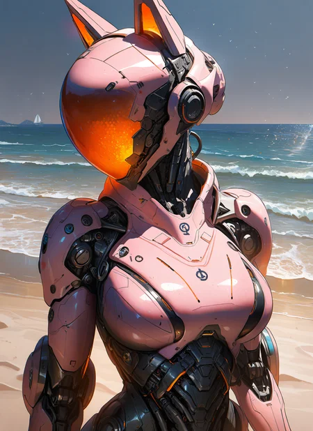 masterpiece, best quality, newest, absurdres, highres, painting, mcnm, cyborg, large breasts, cat ears, peace sign, orange glow, helmet, pink armor, beach, detailed, <lora:Mechanism-Illustious:1.0>