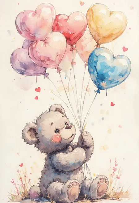 Cute teddy bear holding heart-shaped balloons in his paws.Delicate pastel shades of pink, blue and yellow. Warm and soft atmosphere with watercolor paper texture, splash effects and smooth color transitions. Light background with abstract divorces, creating a feeling of lightness and coziness