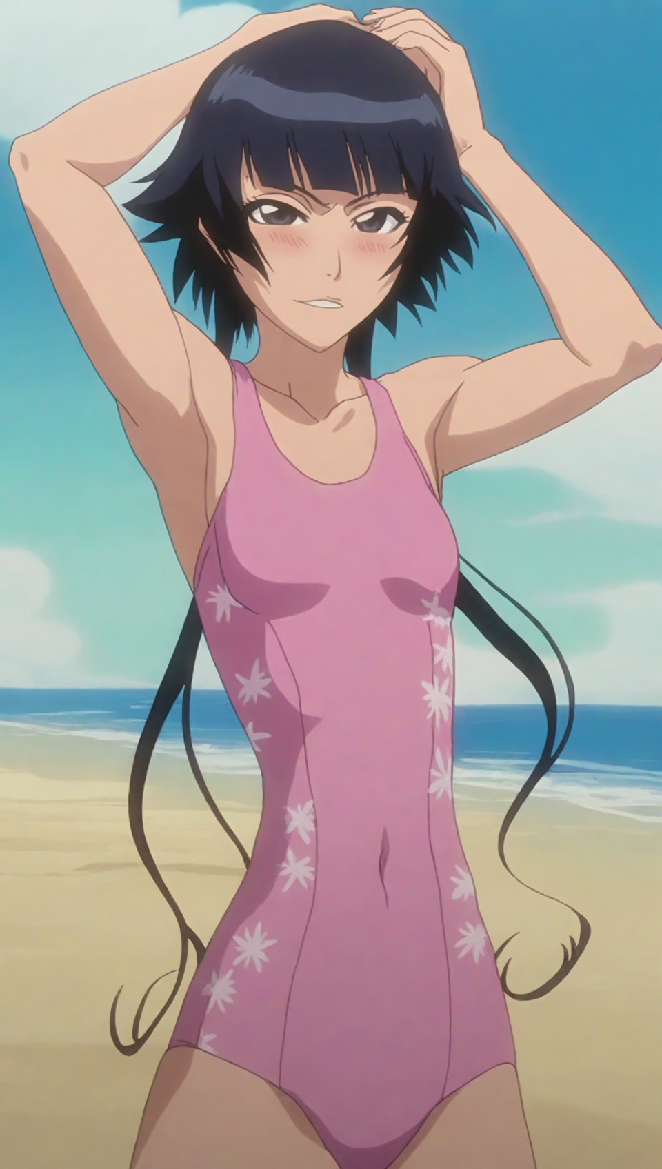 source_anime, score_9, score_8_up, score_7_up, anime screencap, high quality, 8k, absurdres, official style, beach,<lora:SoiFon:1>, soifon, black eyes, short hair with long locks, black hair, short hair, swimsuit, pink swimsuit, bare shoulders, long hair, breasts, collarbone, small breasts, black eyes, one-piece swimsuit, covered navel,  casual one-piece swimsuit, arms above head, looking at viewer, happy, blush,