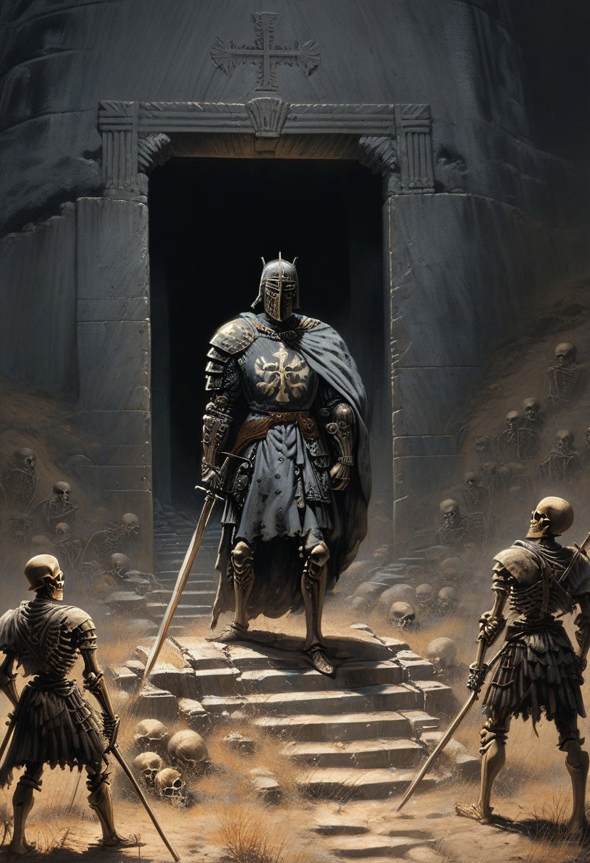 The painting shows the entrance to the crypt, in the gray wall of the mountain. The entrance is framed by wide stone carvings. A large and tall massive wooden door is open and a crowd of skeletons in various decayed military equipment peeks out from behind the threshold. The skeletons reach out to the figure of a warrior standing on the path to the entrance to the crypt. The warrior stands with his back to the viewer. The warrior is wearing gray, half-decayed armor, a sword in his right hand, and a broken shield in his left hand. On both sides of the path lie individual bones and several skulls. A thin ghostly haze spreads across the ground. Faded gray colors. Scattered light. Close-up. Focus on the warrior and the entrance to the crypt. Best quality, masterpiece,