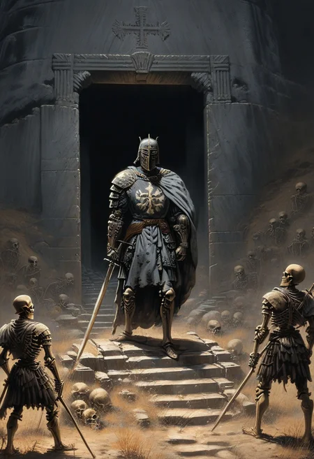 The painting shows the entrance to the crypt, in the gray wall of the mountain. The entrance is framed by wide stone carvings. A large and tall massive wooden door is open and a crowd of skeletons in various decayed military equipment peeks out from behind the threshold. The skeletons reach out to the figure of a warrior standing on the path to the entrance to the crypt. The warrior stands with his back to the viewer. The warrior is wearing gray, half-decayed armor, a sword in his right hand, and a broken shield in his left hand. On both sides of the path lie individual bones and several skulls. A thin ghostly haze spreads across the ground. Faded gray colors. Scattered light. Close-up. Focus on the warrior and the entrance to the crypt. Best quality, masterpiece,