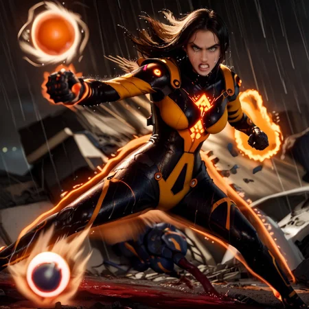 score_9, score_8_up, score_7_up, score_6_up,
stellartachy, 1girl, solo, black hair, black eyes, long hair, (Large black round armored Shoulder pads:1.4), (look at viewer, perfect eyes; 1.5), perfect lips, (very angry, teeth, crying eyes:1.6)
Large hips, tight waist,
(orange neon lines), ( black glowing plugsuit:1.3), cyberpunk gloves,
(Wet rain, worm, hurricane: 1.5),
cowboy shot, white background, (epic, movie scene , action scene, fight, colorful, bokeh, god light:1.4), (motion blur, action shot:1.74)
(Blood of enemies dripping from everywhere: 1.5),
(excessive Kamehameha power ball magic light neon effect:1.8), (motion vibrations, destruction: 1.5)