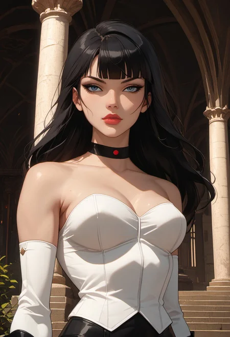 ((zPDXL3)), score_9, score_8_up, score_8, (sexy:2.5), Fantasy, perfecteyes, ultra detailed, high resolution, high quality, masterpiece, intricate details, intricate body, intricate landscape, knva, Expressiveh, European Instagram Model, upper body shot, low light, temple, mountaintop temple,
BREAK
Character: 1girl, solo, source_cartoon, mature female, Prompt: Zatanna, long hair, blunt bangs,
Clothing: pcorset, tight pants, bare shoulders, arm sleeves, knee boots, thighhigh boots, choker,
Character Pose: confident stance, cocked hip, cowboy shot, beautiful, full lips, looking at viewer, closed mouth,
<lora:4th_tail_v0.3_lora_extract_l:0.60>