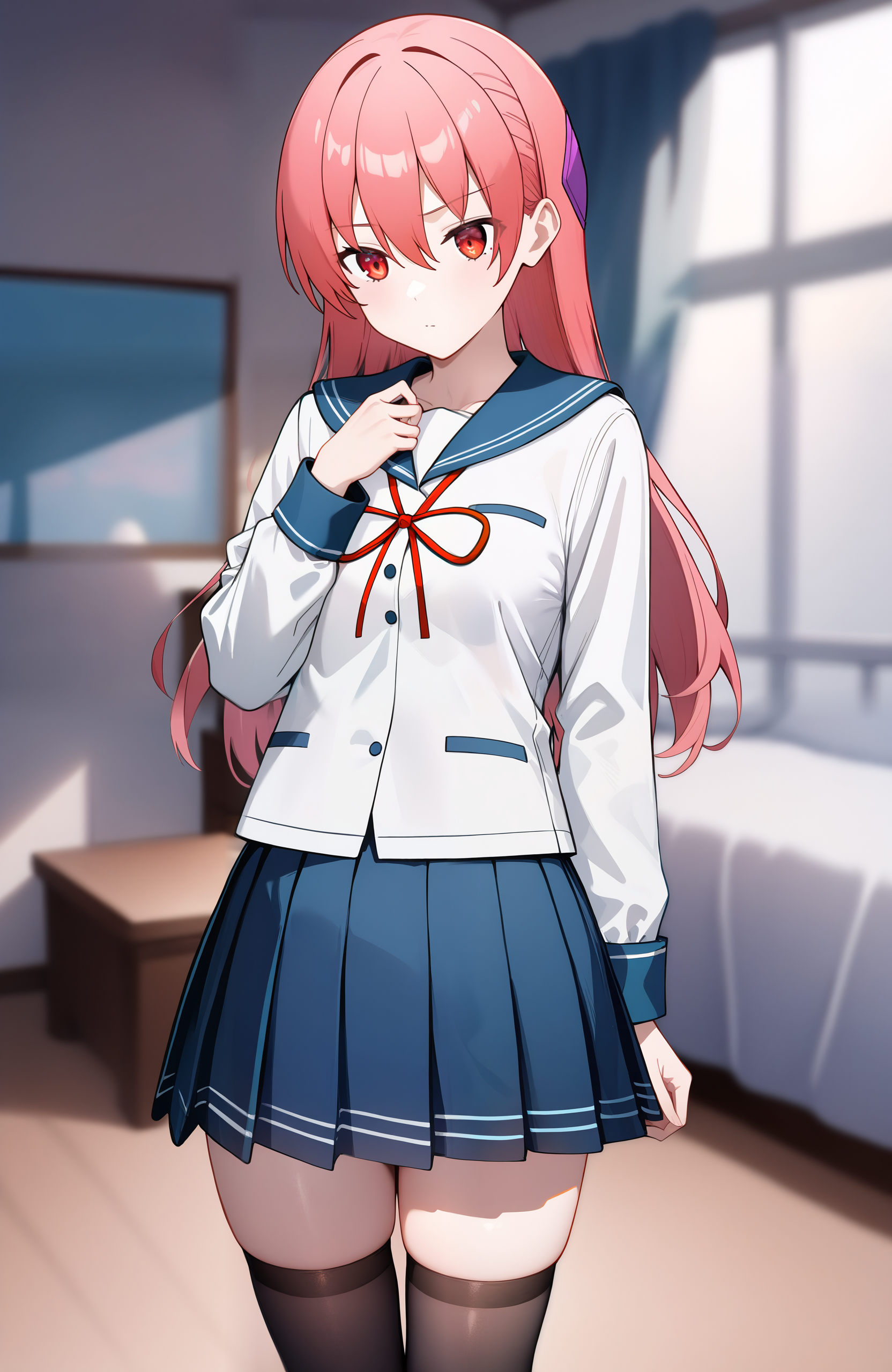 masterpiece,best quality,very aesthetic,absurdres,
1girl,tsukasa_yuzaki,long hair,pink hair,red eyes,bangs,hair between eyes,standing,serafuku,school uniform,long sleeves,shirt,white shirt,sailor collar,blue sailor collar,ribbon,neck ribbon,red ribbon,skirt,blue skirt,pleated skirt,thighhighs,black thighhighs,indoors,bedroom background,bedroom photo,blurry background,<lora:TsukasaYuzaki_illu:1>,