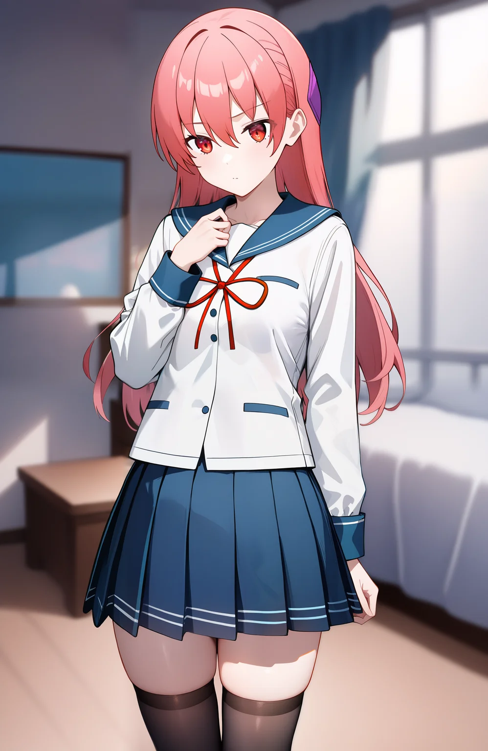 masterpiece,best quality,very aesthetic,absurdres,
1girl,tsukasa_yuzaki,long hair,pink hair,red eyes,bangs,hair between eyes,standing,serafuku,school uniform,long sleeves,shirt,white shirt,sailor collar,blue sailor collar,ribbon,neck ribbon,red ribbon,skirt,blue skirt,pleated skirt,thighhighs,black thighhighs,indoors,bedroom background,bedroom photo,blurry background,<lora:TsukasaYuzaki_illu:1>,