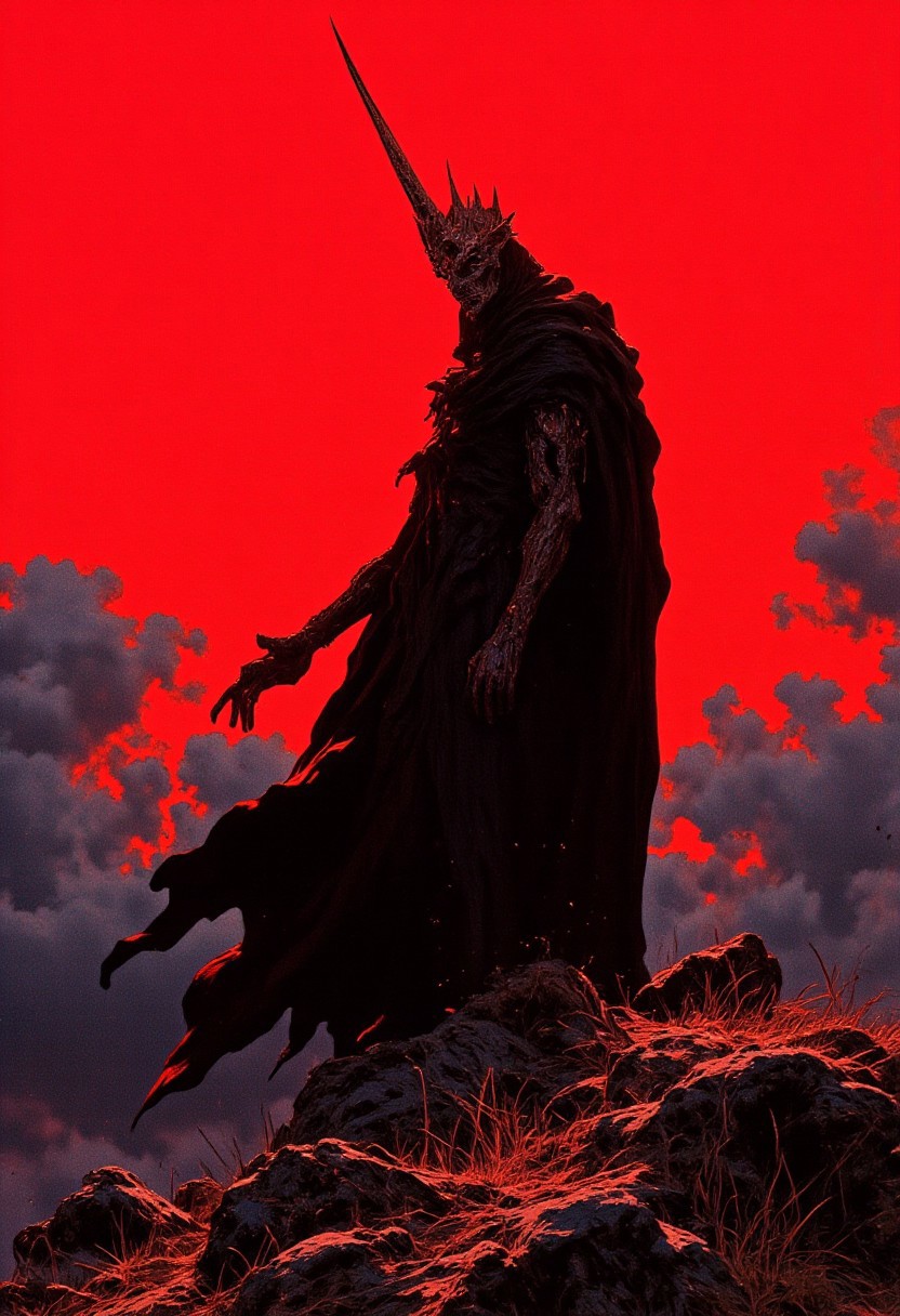 A digital artwork inspired by René Magritte and Zdzisław Beksiński, featuring an enigmatic, otherworldly figure standing alone on a rocky hill beneath a vibrant red sky. The sky is painted in deep crimson, with dark, fluffy grey clouds casting dramatic shadows. The figure is shrouded in a flowing black cloak that wraps around its elongated, slender form, rippling with the wind. Atop its head, a crown of sharp, starburst-like spines radiates outward, contrasting against the dark sky. The figure’s thin arms and legs are barely visible under the cloak, adding to its eerie allure. Its face is obscured, adding to the mystery. The rocky hill is desolate, with jagged stones and sparse dry grass, enhancing the isolation. In the background, an optical illusion inspired by Bridget Riley’s "Movement in Squares" is subtly woven into the swirling clouds, distorting the sky into shifting patterns. This illusion, combined with the stark figure and the harsh environment, amplifies the surreal, cosmic energy of the scene. HD, 8K quality, ultra-detailed, masterpiece artwork, flawless composition. mythp0rt, ne0nfant4sy, detailed hands, aesthetic_pos3, dynamic_pos3