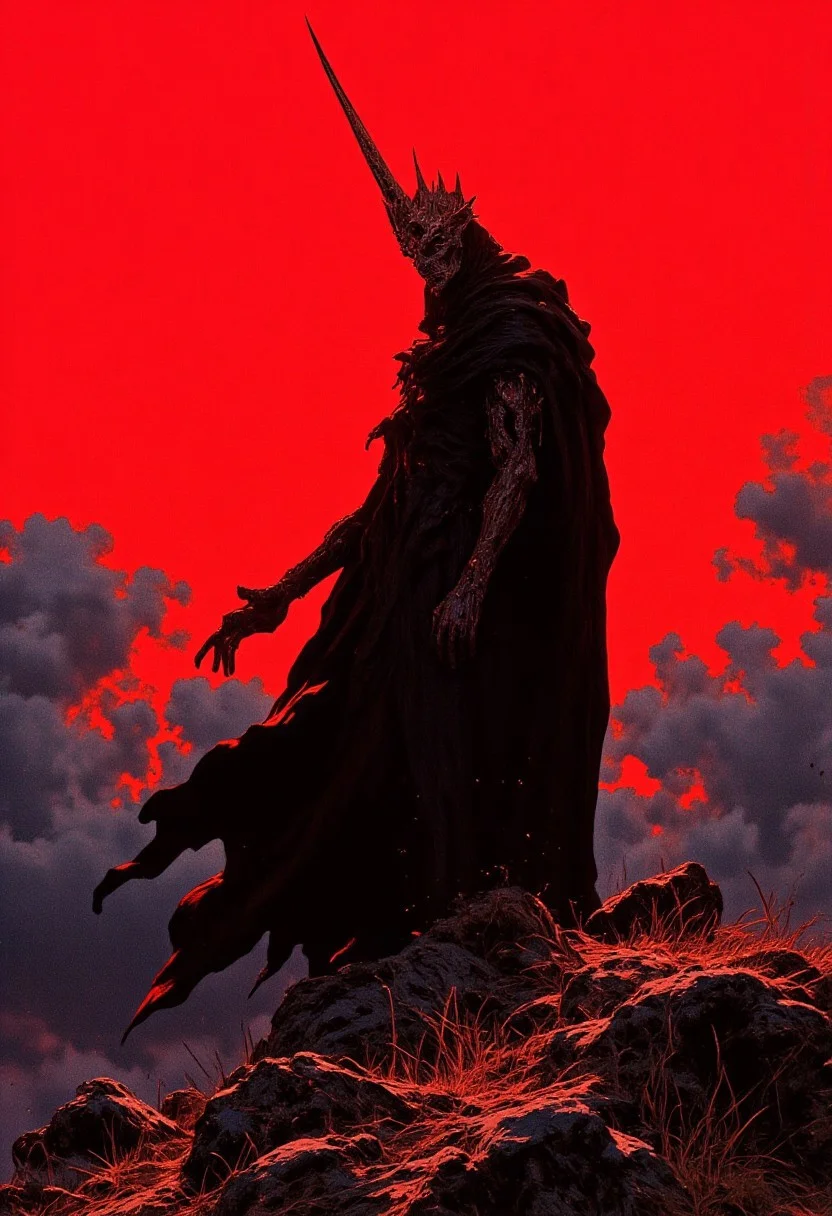 A digital artwork inspired by René Magritte and Zdzisław Beksiński, featuring an enigmatic, otherworldly figure standing alone on a rocky hill beneath a vibrant red sky. The sky is painted in deep crimson, with dark, fluffy grey clouds casting dramatic shadows. The figure is shrouded in a flowing black cloak that wraps around its elongated, slender form, rippling with the wind. Atop its head, a crown of sharp, starburst-like spines radiates outward, contrasting against the dark sky. The figure’s thin arms and legs are barely visible under the cloak, adding to its eerie allure. Its face is obscured, adding to the mystery. The rocky hill is desolate, with jagged stones and sparse dry grass, enhancing the isolation. In the background, an optical illusion inspired by Bridget Riley’s "Movement in Squares" is subtly woven into the swirling clouds, distorting the sky into shifting patterns. This illusion, combined with the stark figure and the harsh environment, amplifies the surreal, cosmic energy of the scene. HD, 8K quality, ultra-detailed, masterpiece artwork, flawless composition. mythp0rt, ne0nfant4sy, detailed hands, aesthetic_pos3, dynamic_pos3